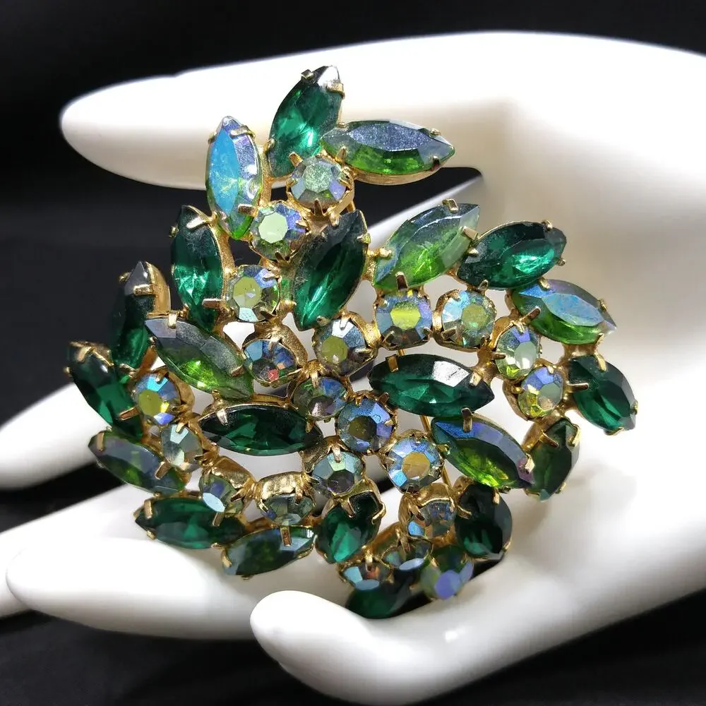Green Aurora Borealis Rhinestone Brooch, Gold Plated, 1960s Vintage Jewelry
